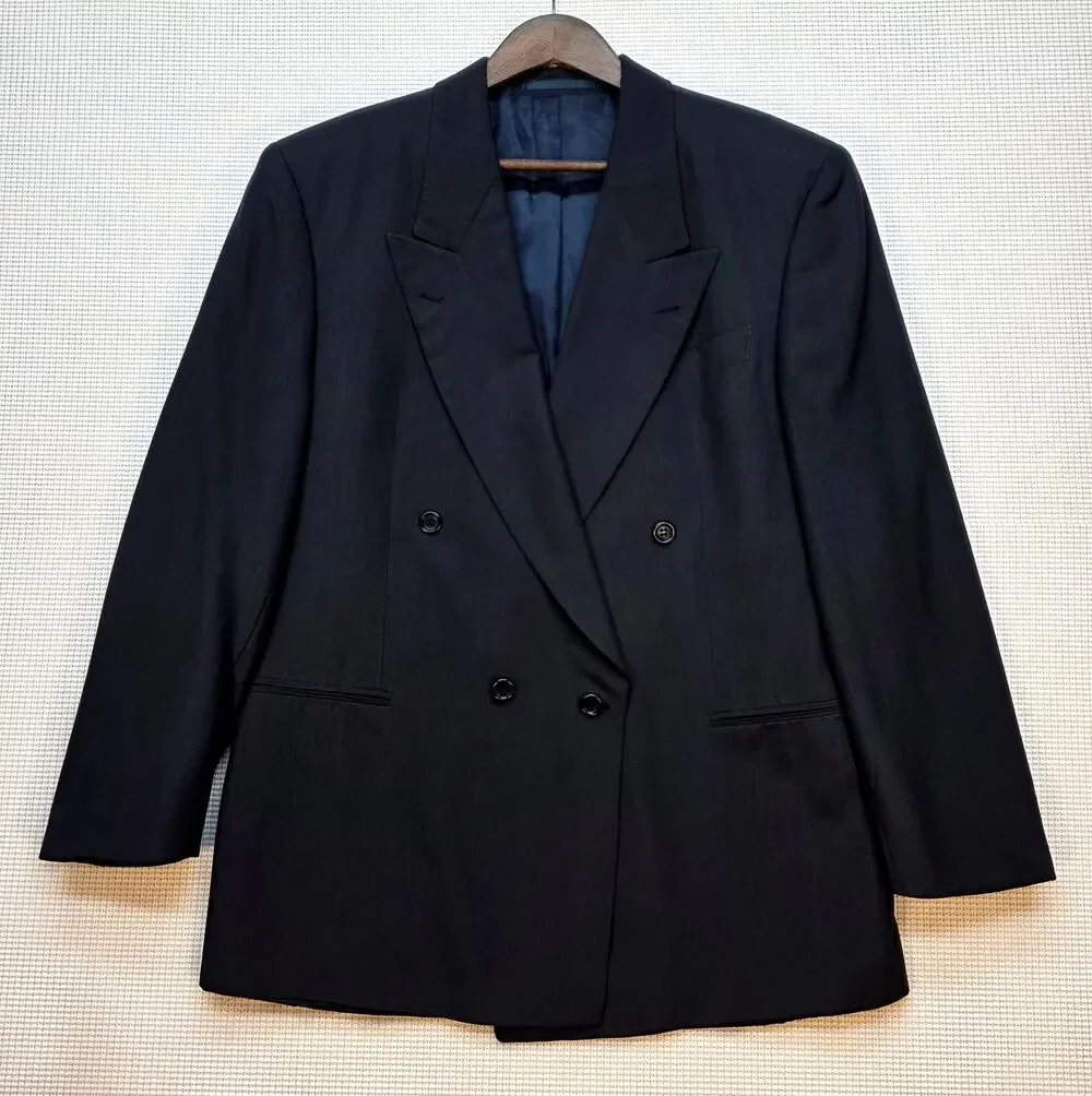 VTG Hugo Boss Double Breasted Blazer Germany Silk Wool Charcoal Grey Jacket 38R